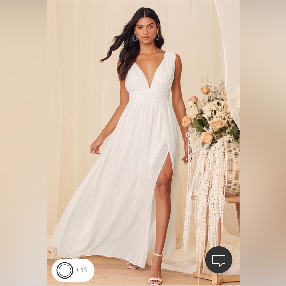 Lulu’s Heavenly Hues White Maxi dress altered for 5’2 height with heels